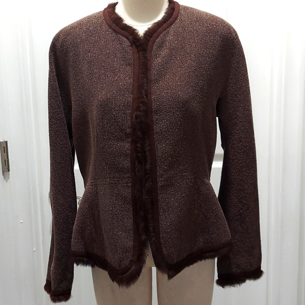 Kasper brown jacket faux fur trim lined size 12